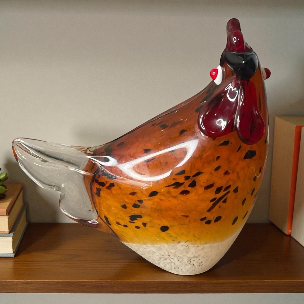 Vintage Art Glass Hand Blown Fat Rooster Chicken Hen Bird Orange 7"High